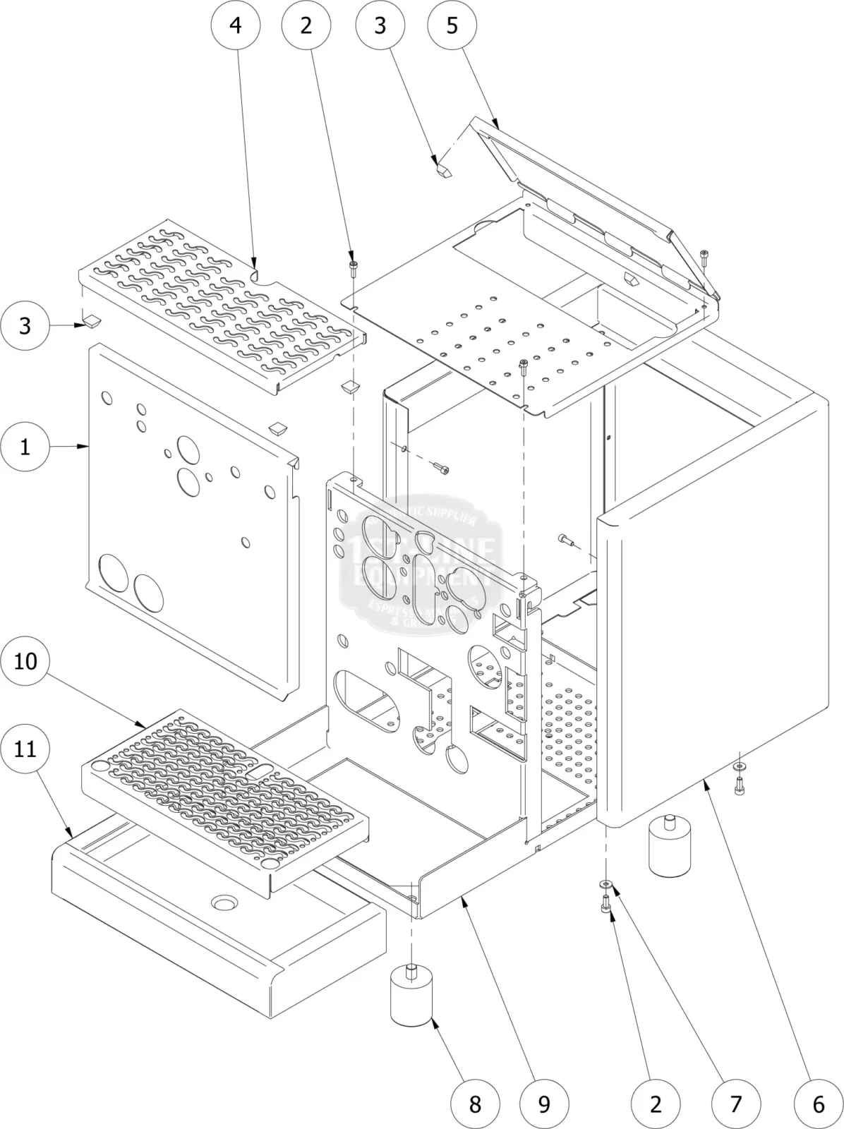 Exploded diagram of a rectangular electronic enclosure showing numbered components, including panels, feet, trays, and internal boards, with lines and arrows indicating assembly order and placement. © 2025 1st-line.com