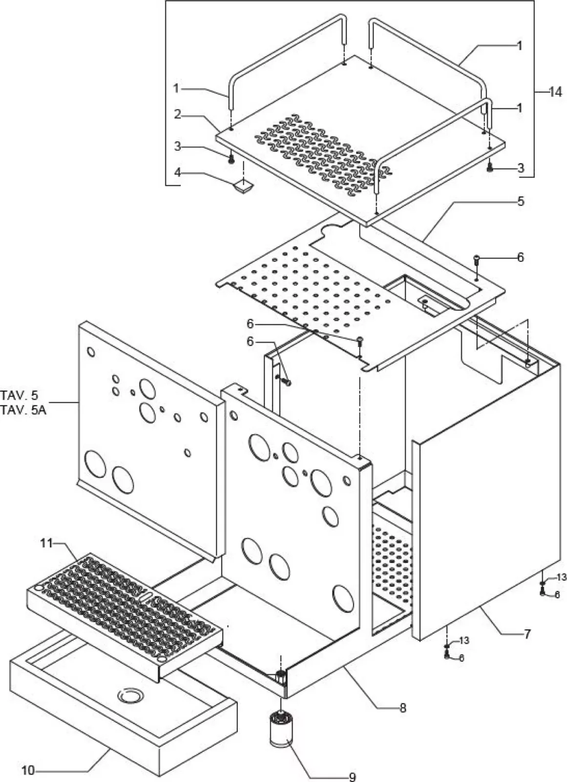 Exploded diagram of a rectangular electronic enclosure, showing separate panels, a perforated top cover, screws, a base tray, knobs, and hardware, with each component labeled by numbers and lines. © 2025 1st-line.com