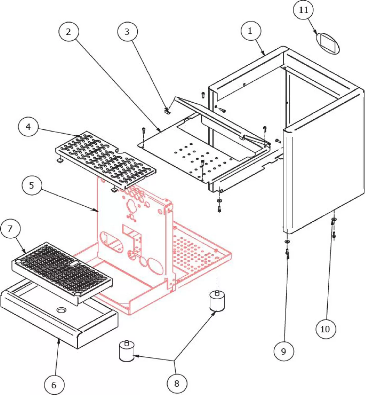 Exploded diagram of a small refrigerator showing its components, including the door, shelves, frame, drawers, screws, and other numbered parts arranged separately with connecting lines and labels for assembly reference. © 2025 1st-line.com