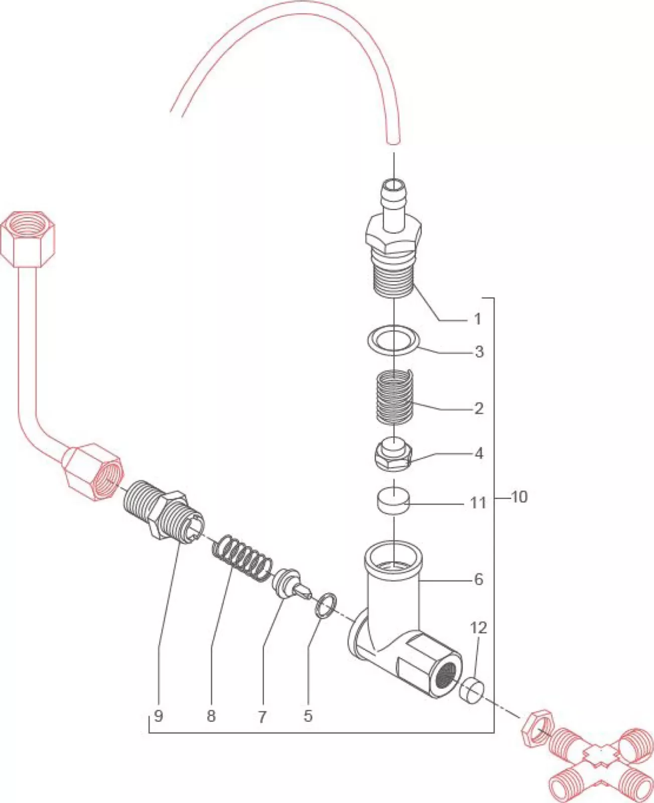 Exploded diagram of a valve assembly with labeled parts, including springs, washers, nuts, and fittings, showing their order and alignment for assembly. © 2025 1st-line.com