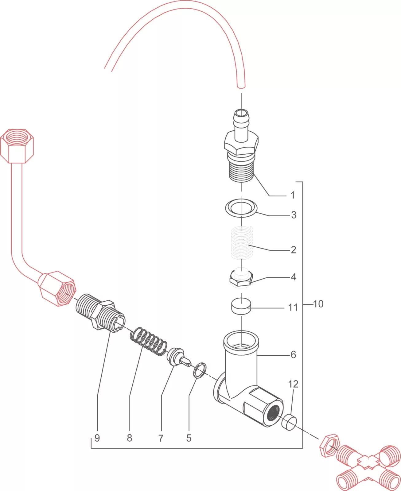 Exploded diagram of a valve assembly with numbered parts, including pipes, springs, washers, and connectors, shown in sequence from left to right and labeled 1 to 12 for identification. © 2025 1st-line.com