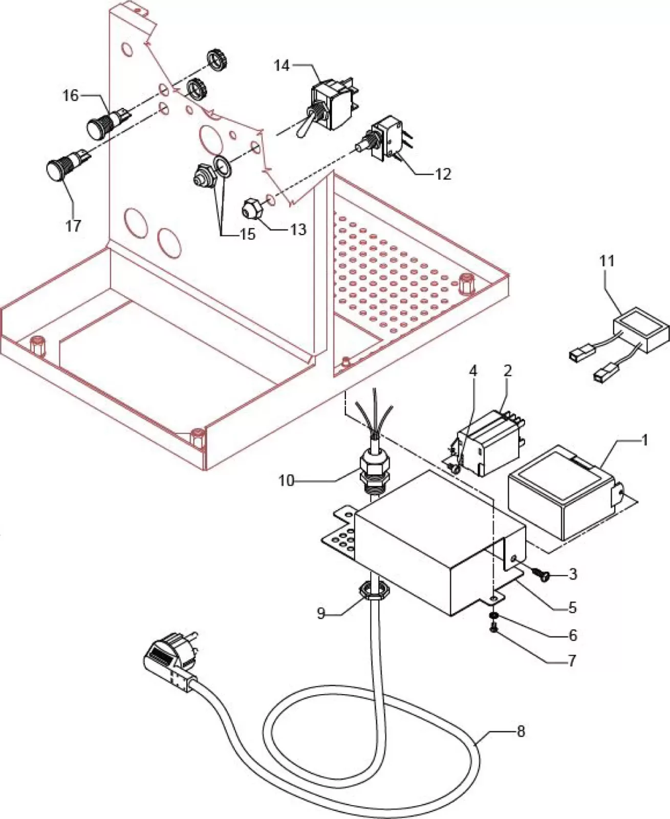 Exploded diagram of an electronic device showing components such as switches, power cord, transformer, circuit board, connectors, and housing parts, each labeled with numbers for identification. © 2025 1st-line.com
