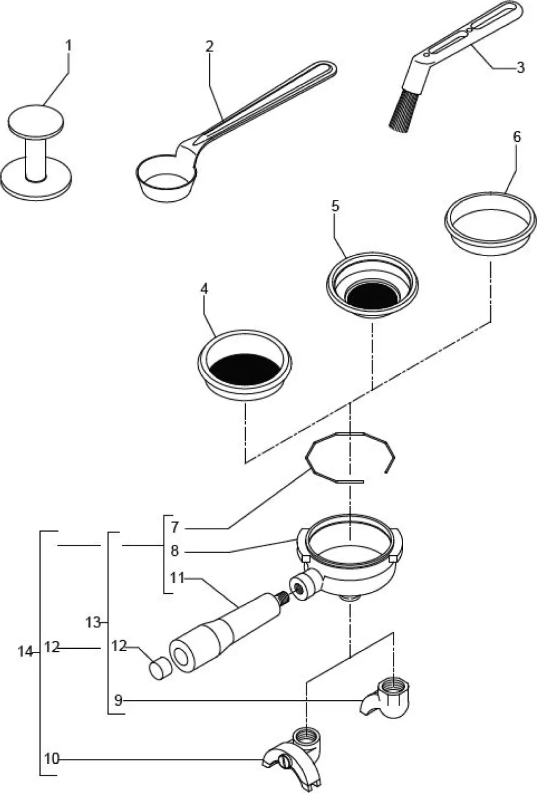 Exploded diagram of espresso machine portafilter parts, including a tamper, scoop, brush, filter baskets, portafilter body, spouts, and related components, each numbered and separated for assembly reference. © 2025 1st-line.com