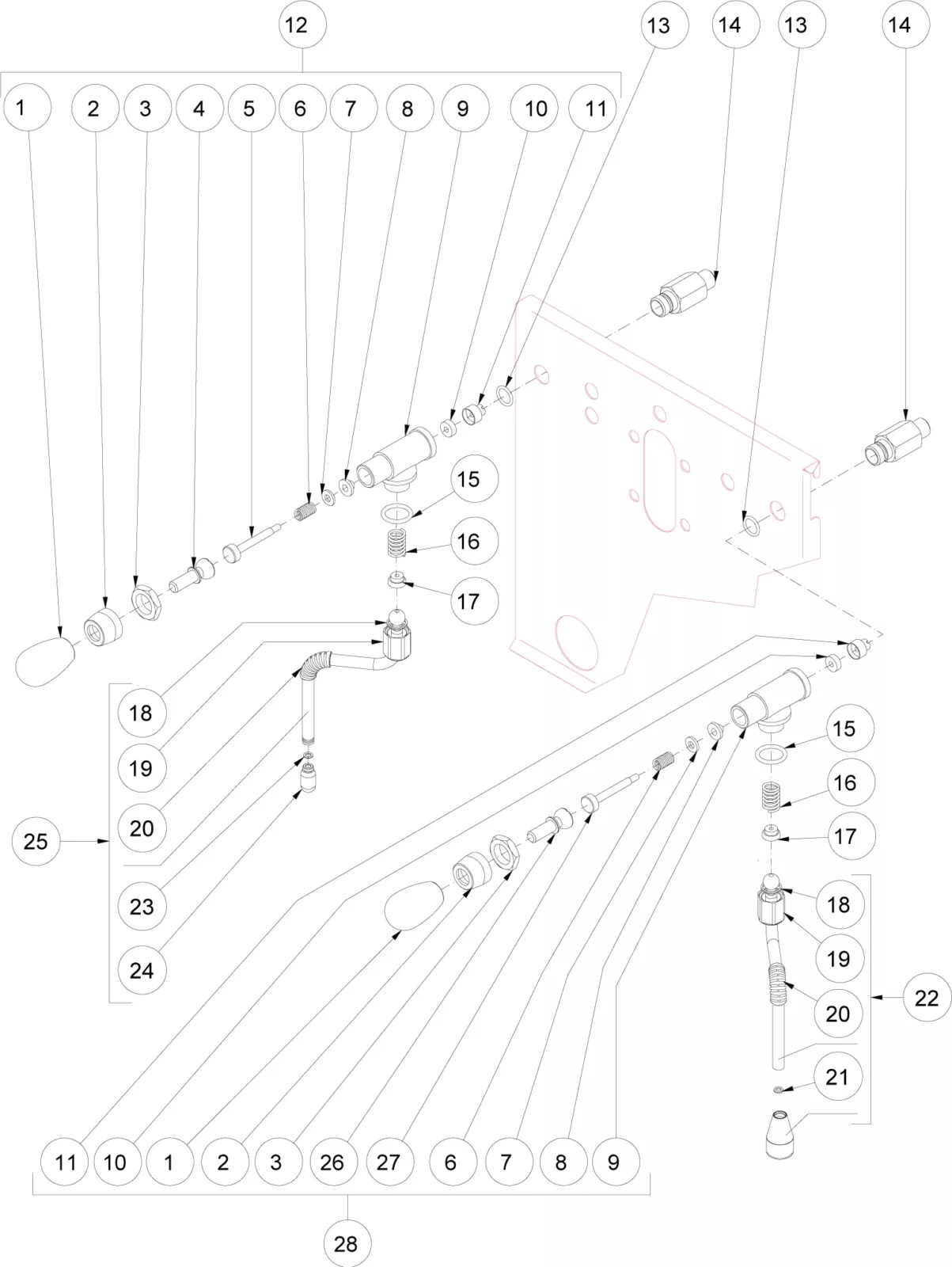 Exploded diagram of mechanical components, each labeled with numbered circles and lines pointing to parts like screws, connectors, and a main panel; includes a total of 28 labeled items and four instances of label 14. © 2025 1st-line.com