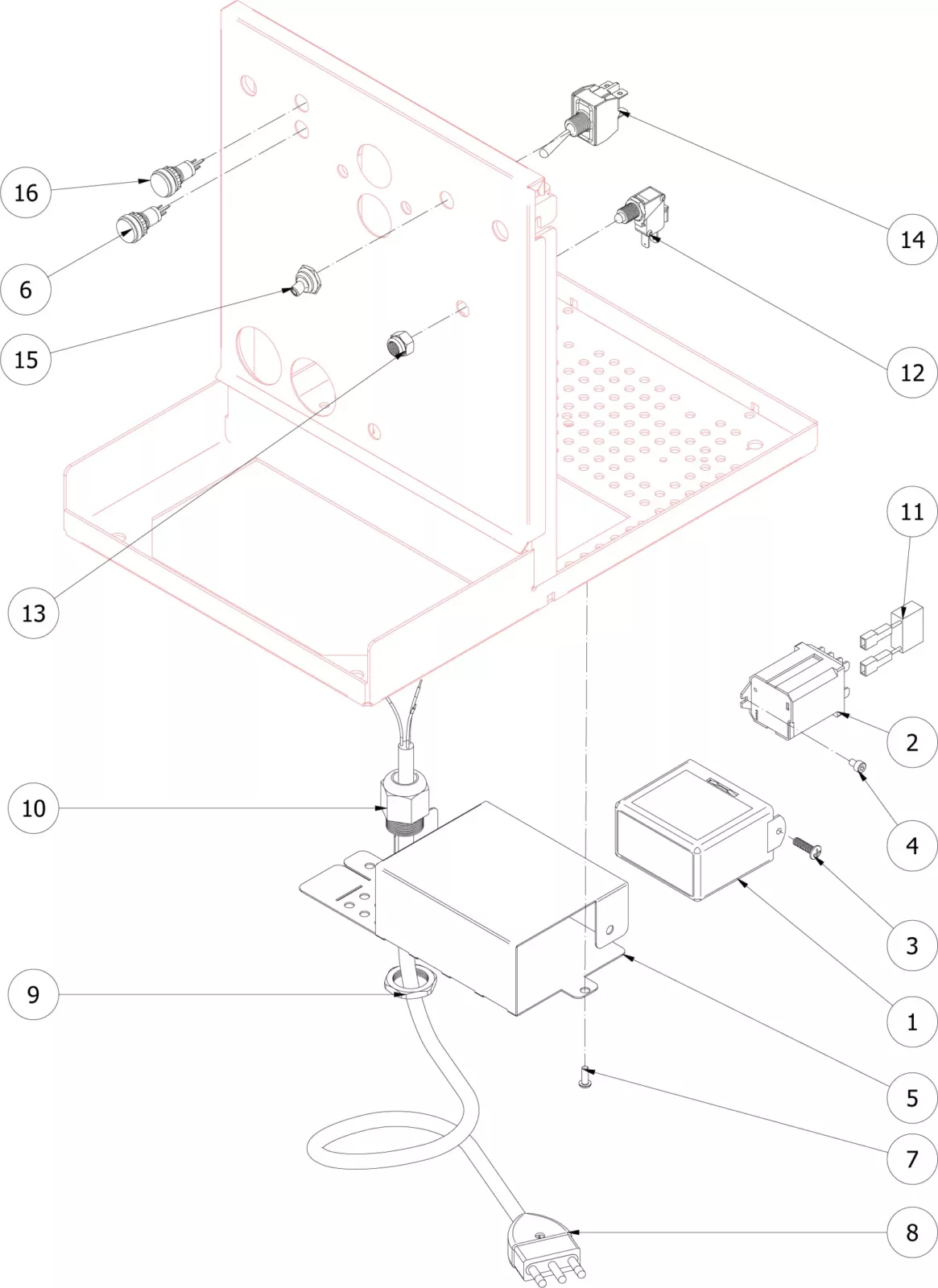 Exploded diagram showing numbered electronic components and connectors, such as switches, power supply, fuse, and case parts, arranged for assembly in a device housing. Each part is labeled with a number corresponding to its position. © 2025 1st-line.com