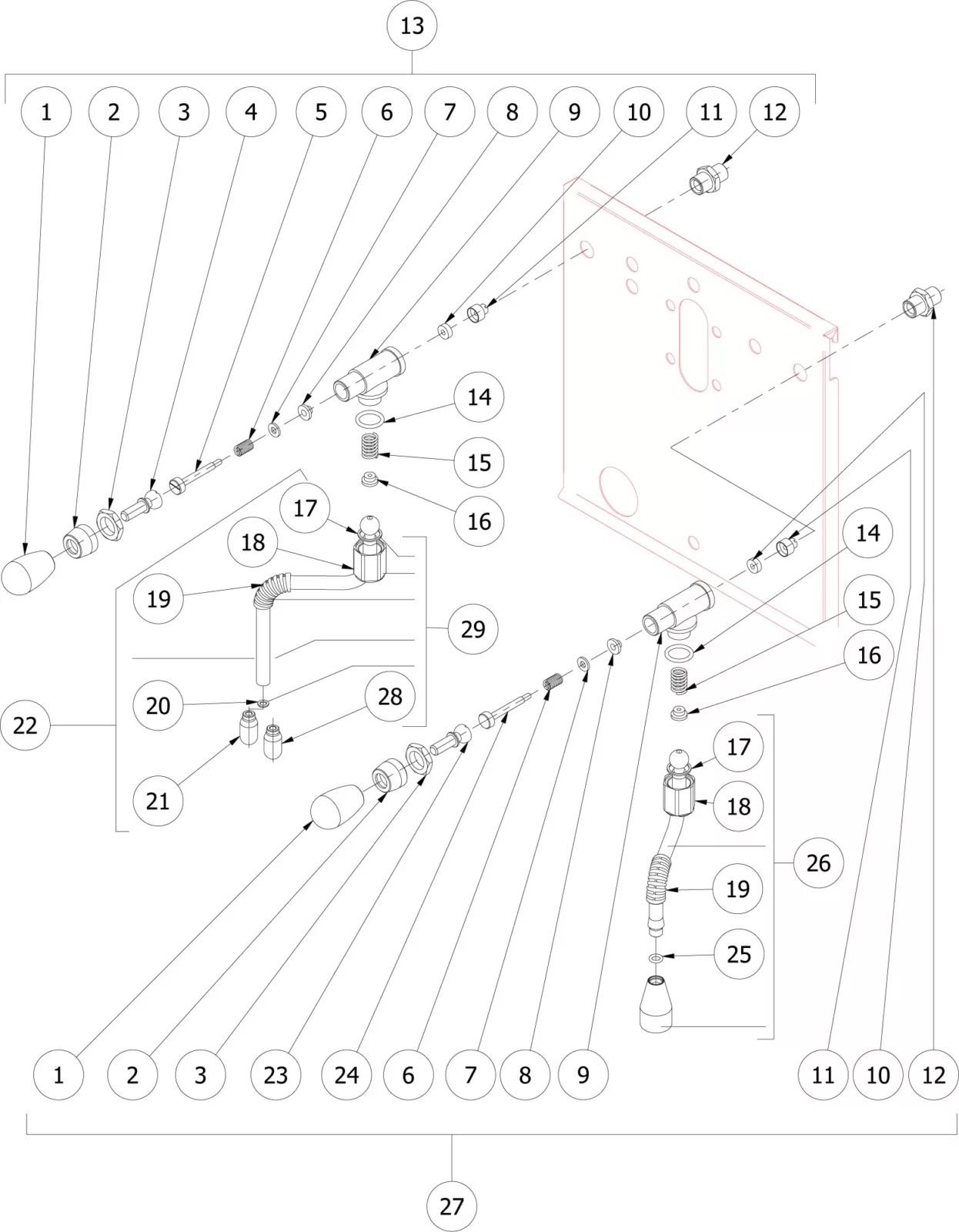 Exploded technical diagram displaying numbered parts and components of a mechanical assembly, including rods, nuts, bolts, and a flat plate, all labeled for identification and assembly reference. © 2025 1st-line.com