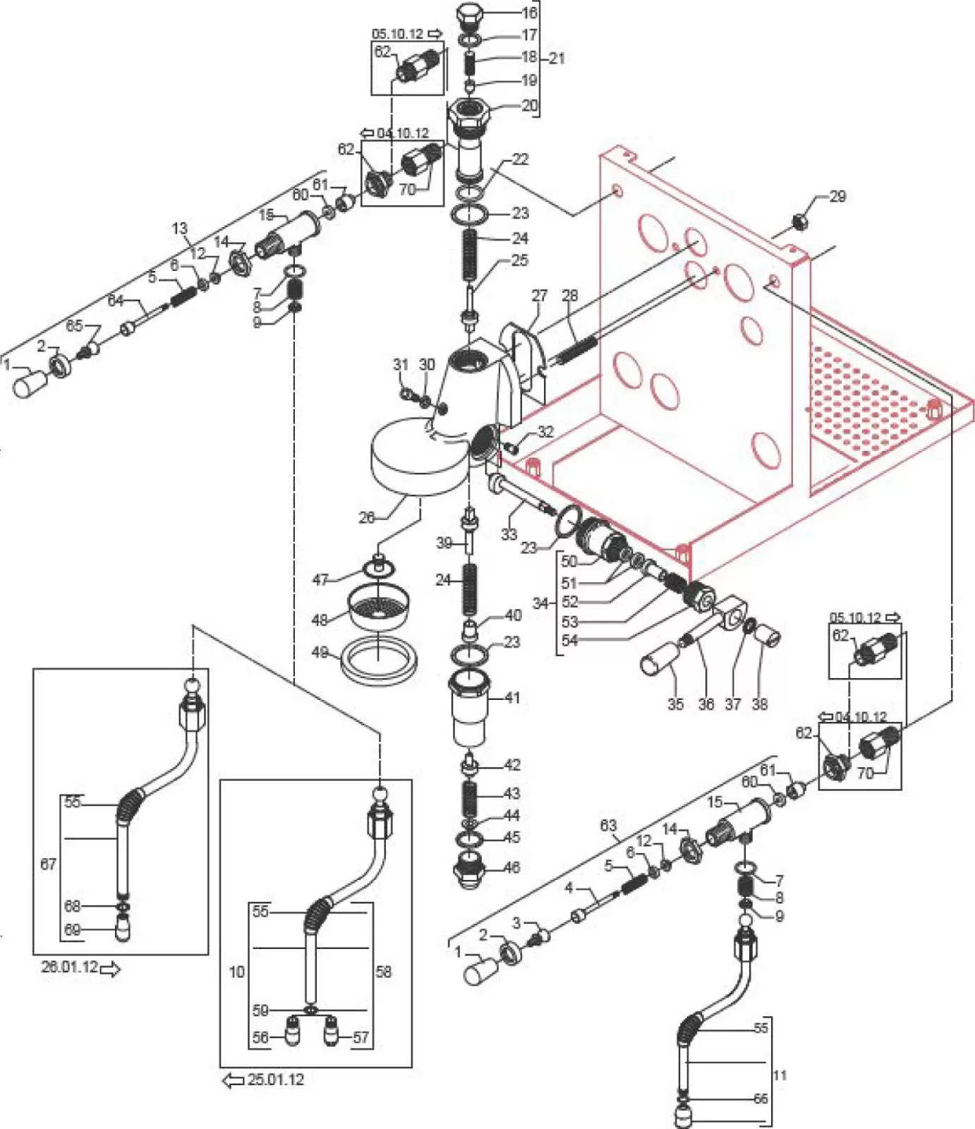 Exploded technical diagram of a faucet assembly with numbered parts, pipes, valves, washers, and fittings, showing detailed component placement and structure with a highlighted rectangular casing on the right side. © 2025 1st-line.com