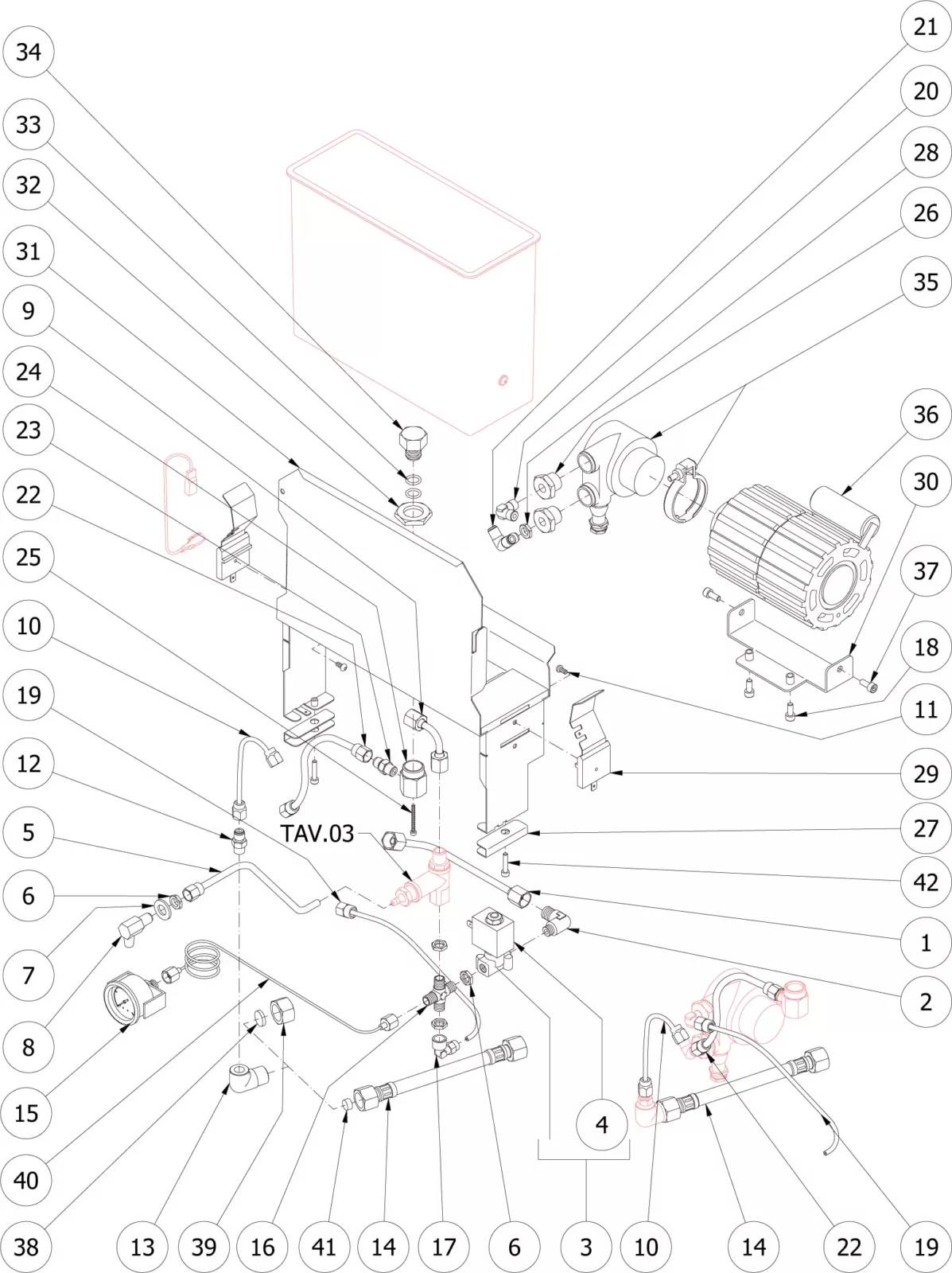 Exploded technical diagram of a mechanical assembly with numbered parts and connecting lines, including a motor, pipes, valves, tank, and various components arranged for identification. © 2025 1st-line.com