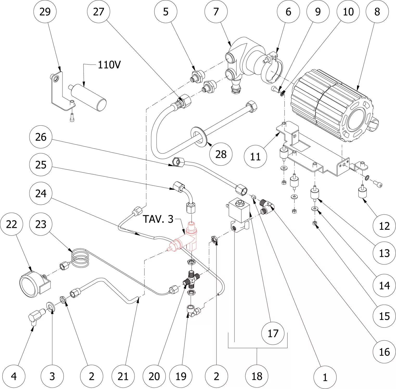 Exploded technical diagram of a mechanical system with labeled parts including a motor, pipes, valves, and fittings. Each component is numbered, showing connections and assembly order for the device. © 2025 1st-line.com