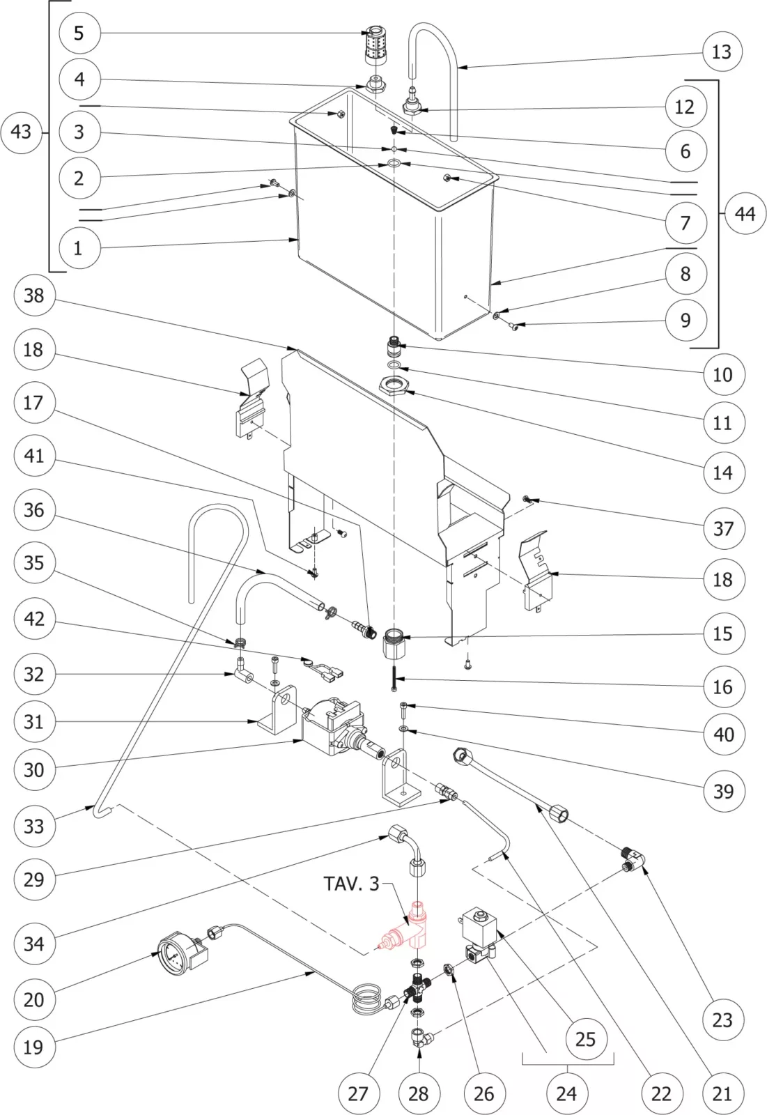 Exploded technical diagram of a sink unit with labeled parts, including faucets, valves, pipes, and internal components, all numbered and arranged to show their assembly and connections. © 2025 1st-line.com
