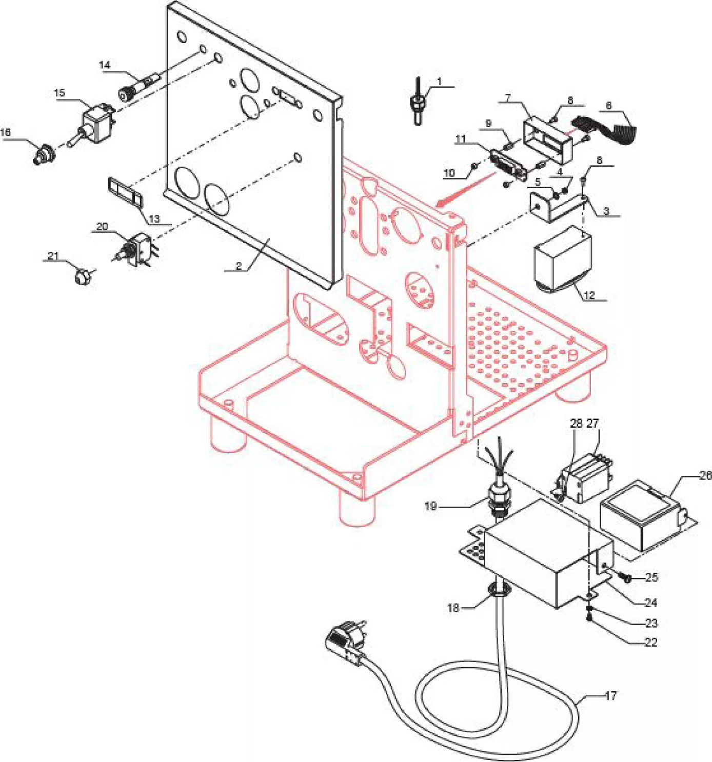 Exploded technical diagram of an electronic device showing individual components, such as switches, wires, buttons, circuit board, casing, and power cord, each labeled with numbers for assembly reference. © 2025 1st-line.com