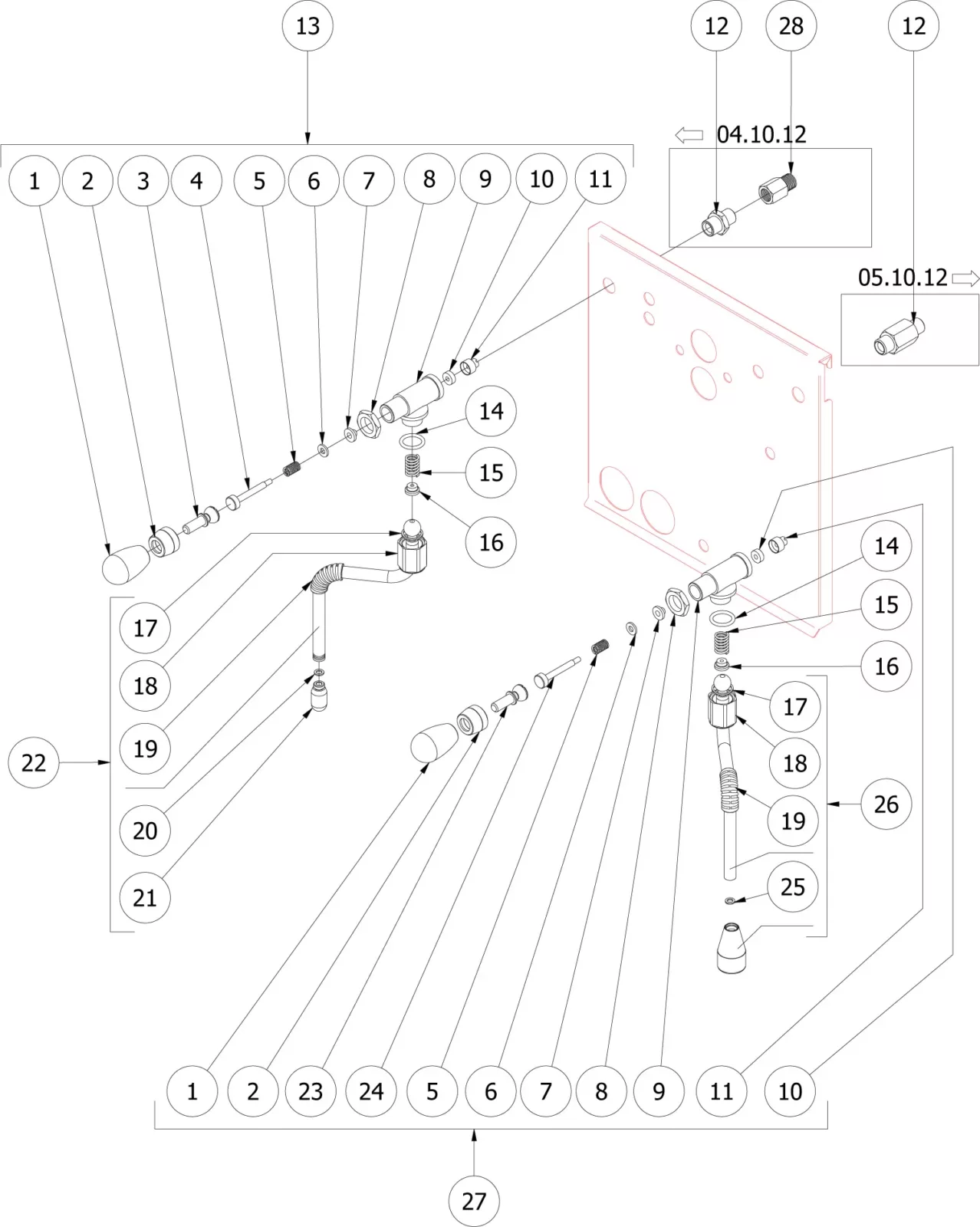 Exploded technical diagram showing numbered mechanical parts and components connected to a main panel, with additional detail views of specific fittings and connections in the upper right corner. © 2025 1st-line.com
