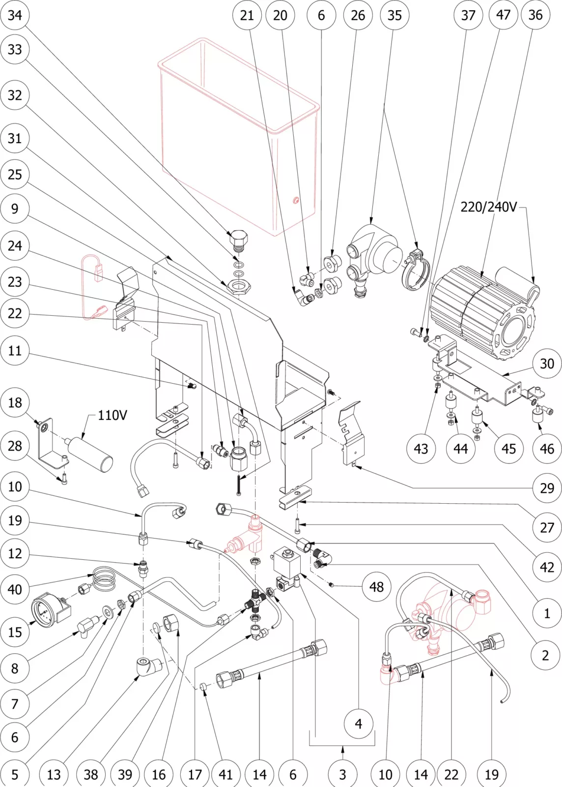 Exploded view diagram of a mechanical assembly with numbered parts, including a motor, tank, pipes, valves, and brackets, with detailed lines connecting each part to its corresponding number for identification. © 2025 1st-line.com
