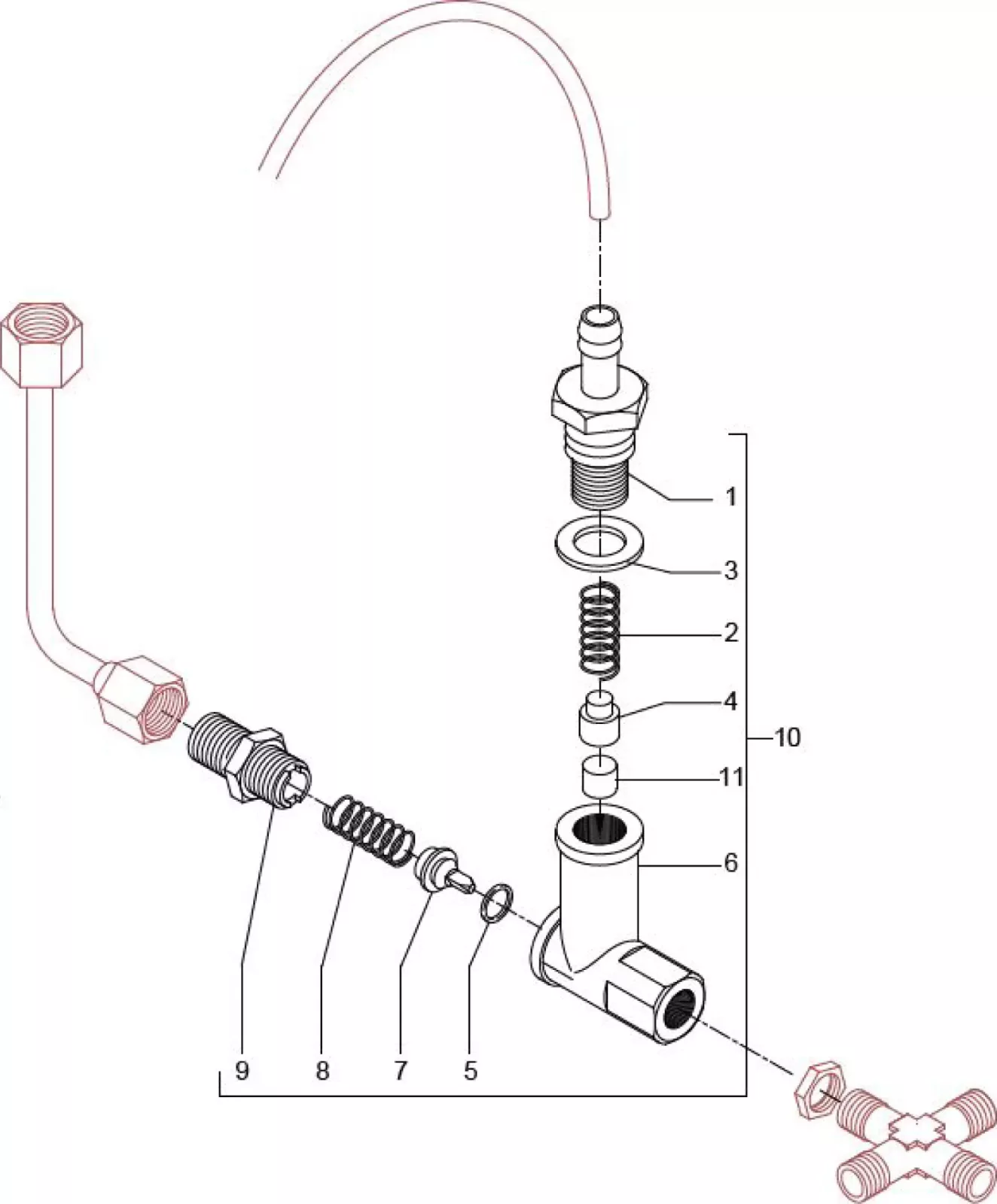 Exploded view diagram of a valve assembly with labeled parts, including springs, nuts, connectors, and a tube, indicating how the components fit together in sequence. © 2025 1st-line.com