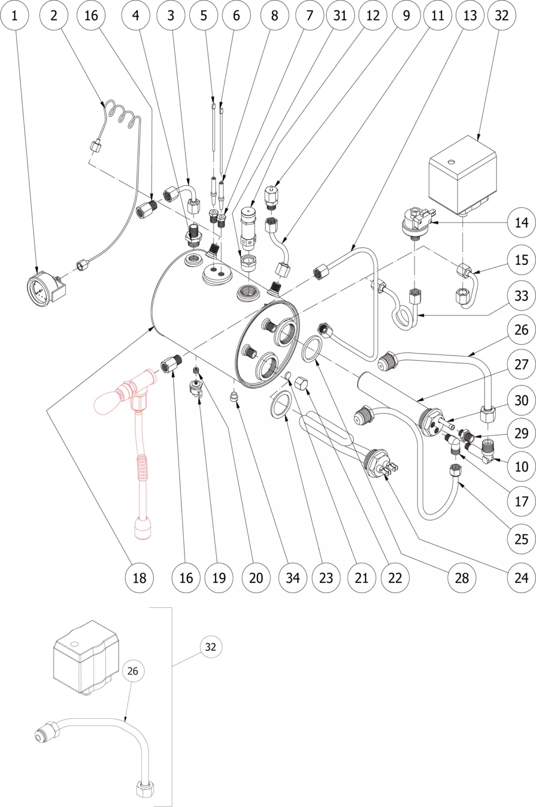 Labeled technical diagram of a mechanical device, showing various pipes, valves, and connectors, each identified with numbered labels. An inset bottom left depicts a detail of part 26 and pipe 32. © 2025 1st-line.com