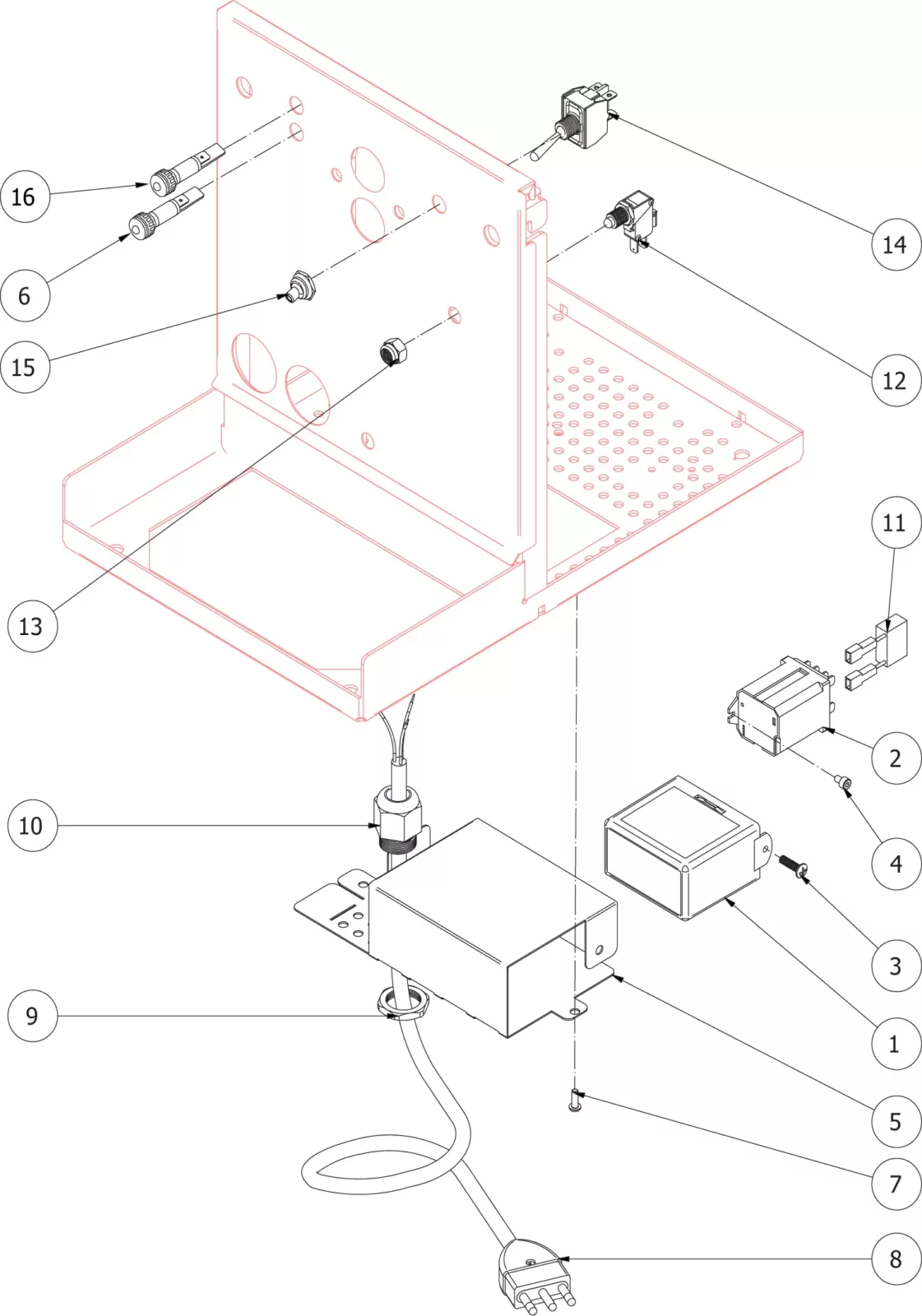 Line drawing diagram of an electronic device assembly with labeled components, including a power cord, box, switches, connectors, screws, panel, and mounting hardware, showing how each part fits into the main enclosure. © 2025 1st-line.com
