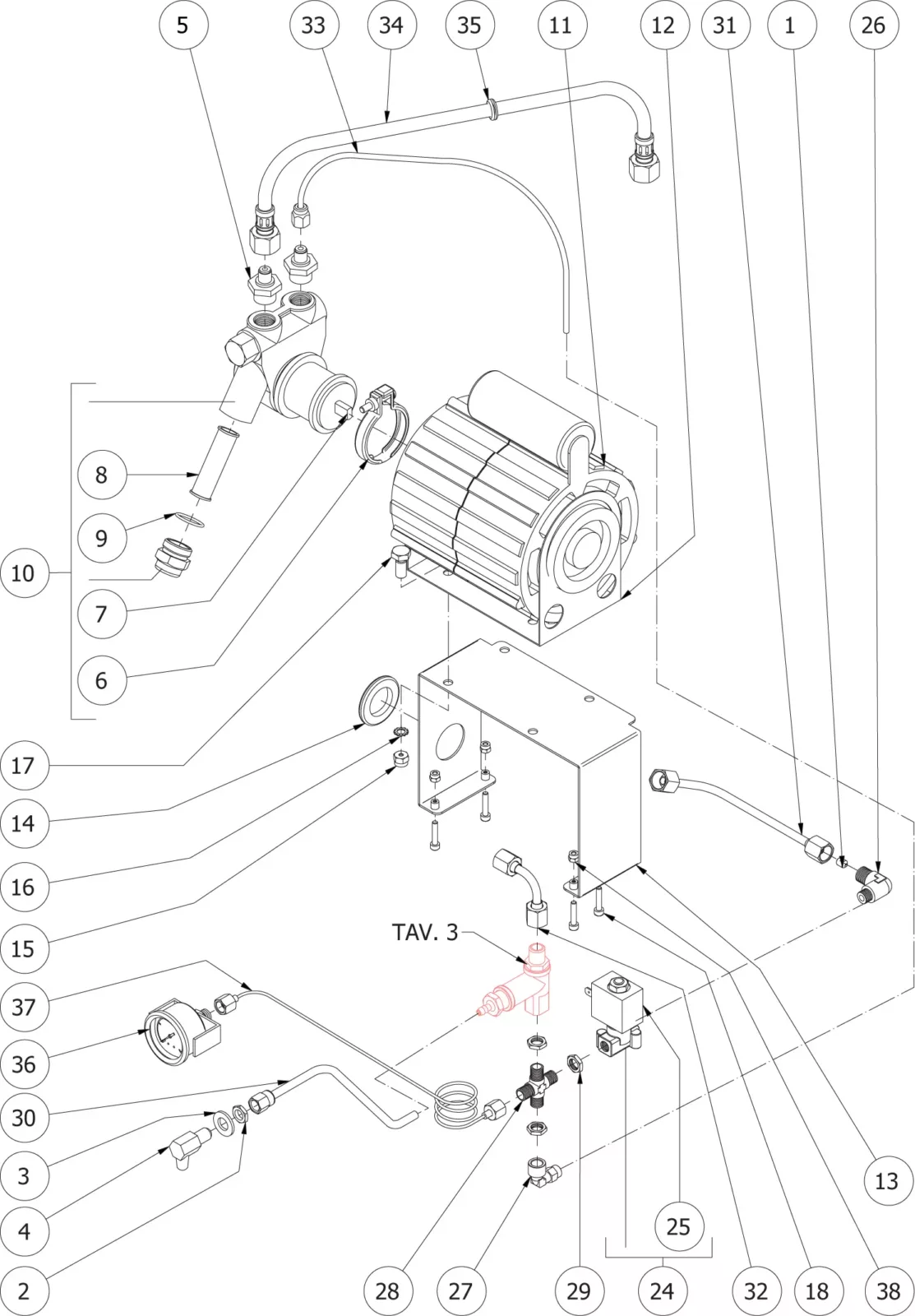 Technical line drawing of an exploded motor assembly with numbered parts, cables, connectors, and a central cylindrical motor component. Various components are labeled for identification and assembly reference. © 2025 1st-line.com