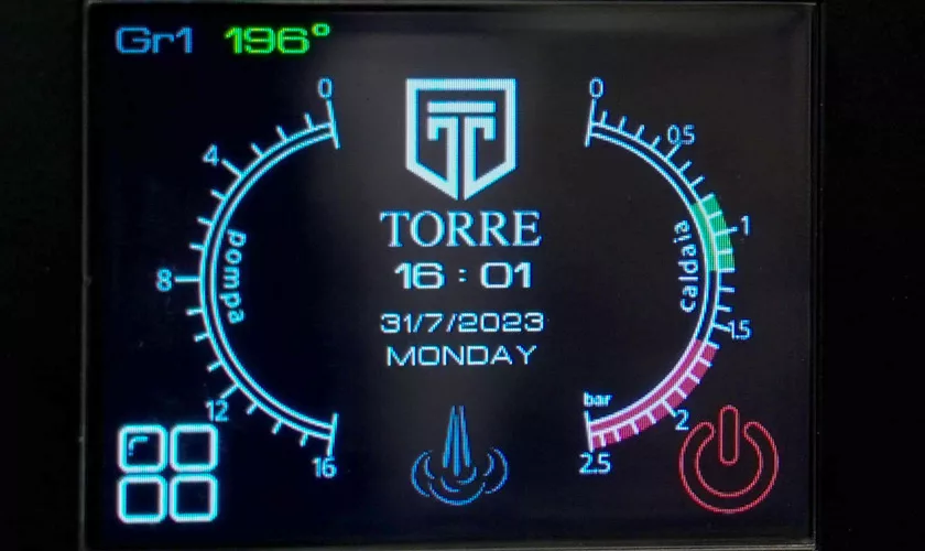 The digital display of the Torre Peppina EVO Premium V1 Dual Boiler Espresso Machine w/ FC shows the TORRE logo, time 16:01, date 31/7/2023 MONDAY, temp 196°, two gauges (pompa/caldaia), and various status icons. © 2025 1st-line.com