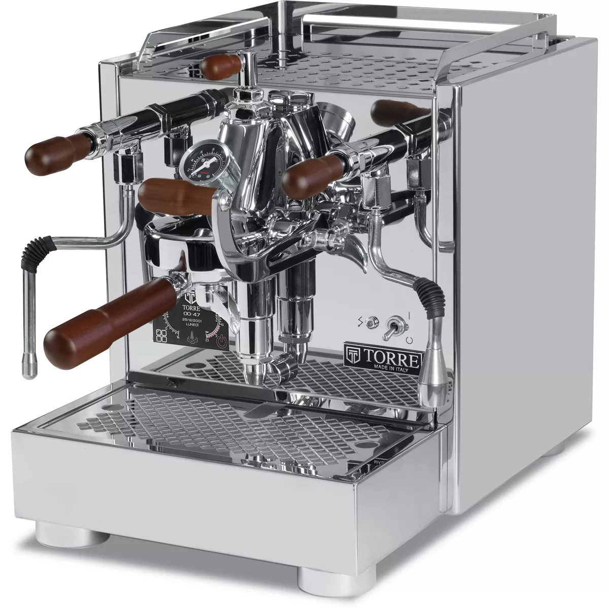 The Torre Peppina EVO Premium V1 Dual Boiler Espresso Machine w/ FC features stainless steel construction, wooden handles, two group heads with gauges and levers, a metal drip tray, and TORRE branding on the front. © 2025 1st-line.com