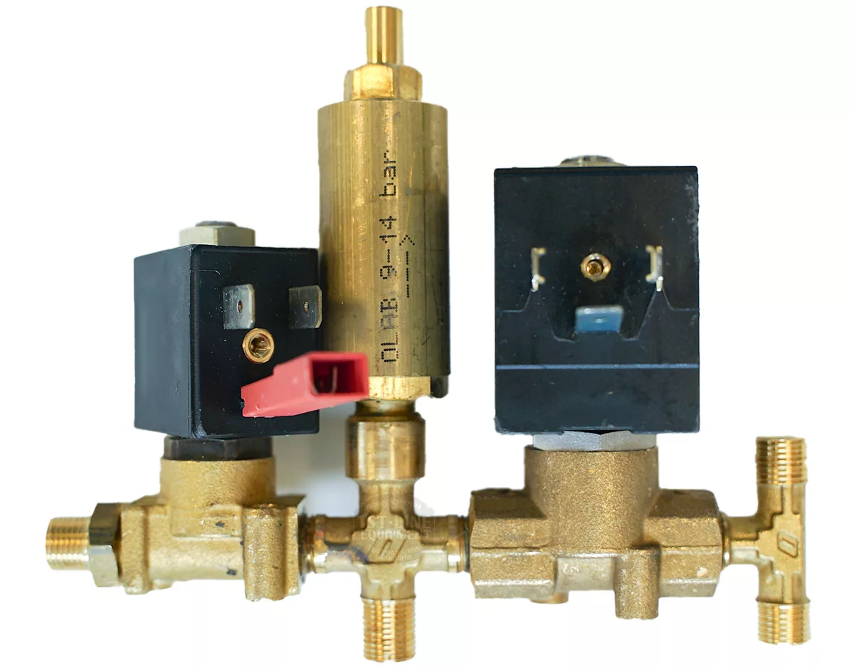 Three Lelit 1000166 Solenoid Hydraulic Circuit valves with black and red connectors, aligned side by side, feature threaded fittings and a pressure marking on the central valve. © 2025 1st-line.com