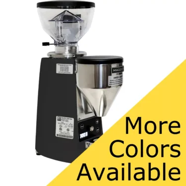 A black Mazzer Mini B Electronic Time-Based Espresso Coffee Grinder with a clear hopper and stainless steel accents is displayed on a white background, featuring a yellow banner that says, “More Colors Available.”. © 2025 1st-line.com