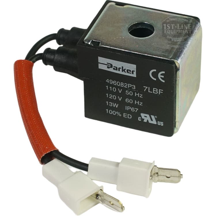 A close-up of an Elektra 06603059 Grouphead Wired Coil solenoid shows two attached electrical connectors (one with red insulation) and technical specifications such as voltage, frequency, and power ratings on the metal casing. © 2025 1st-line.com