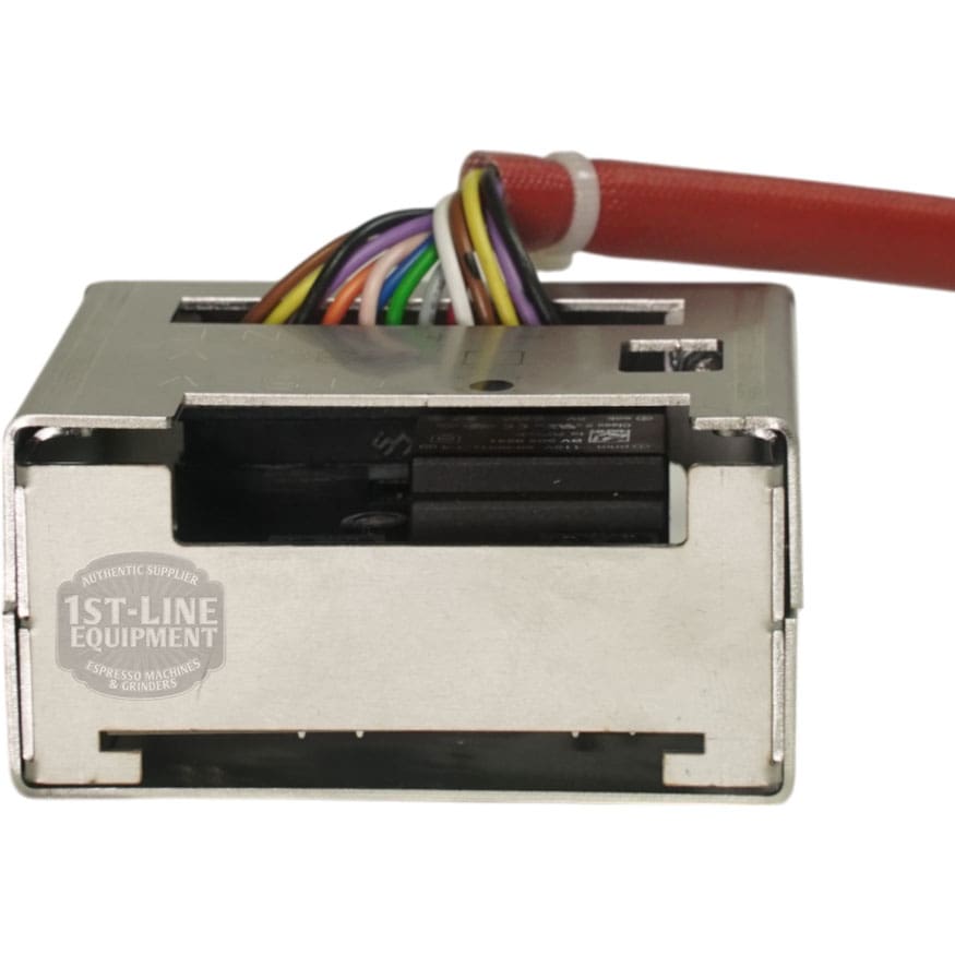 A close-up of the Bezzera 5968144 White PID Kit 110V shows multiple colored wires connected at the top; the metal electronic component is displayed against a white background. © 2025 1st-line.com