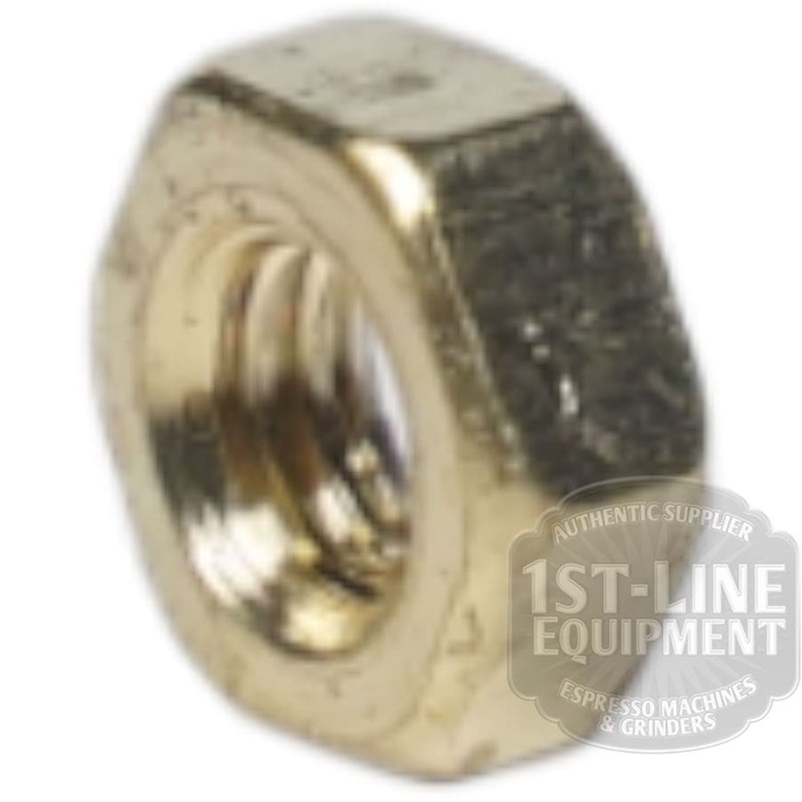 A close-up of the Elektra 00211035 Nut M4 with internal threading, featuring a brass finish and the 1st-Line Equipment logo watermark in the lower right corner. © 2025 1st-line.com