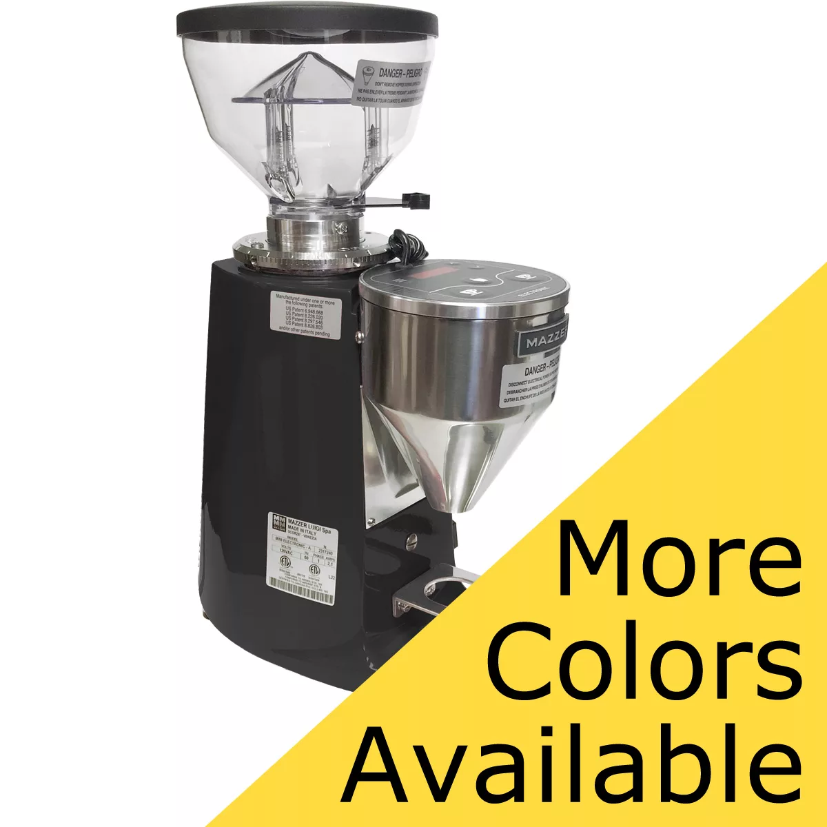 A Mazzer Mini A Electronic Time-Based Espresso Coffee Grinder with a clear hopper and silver accents sits against a white background. A yellow banner in the lower right corner reads “More Colors Available” in bold black text. © 2025 1st-line.com
