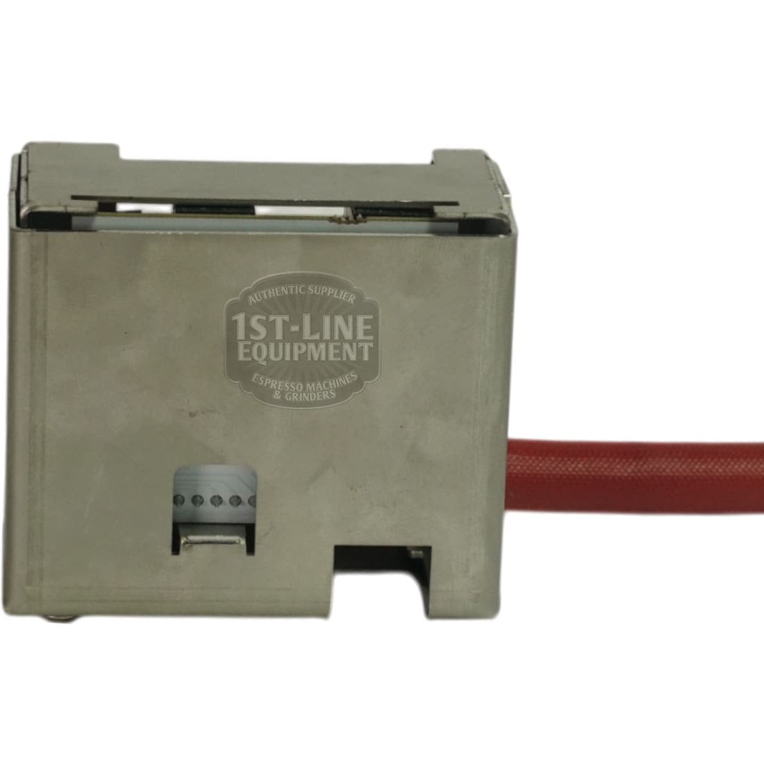 A metal espresso machine part with a red hose, small gauge, and bottom opening. The front shows the 1st-Line Equipment logo. Compatible with Bezzera machines or the Bezzera 5968144 White PID Kit 110V. © 2025 1st-line.com