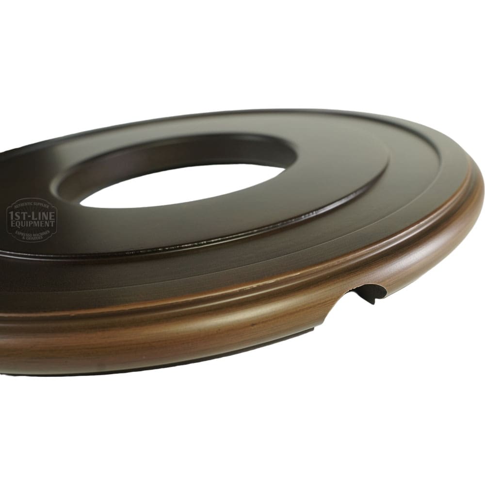 A round, dark brown Elektra ART.SA Brown Wood Base with a central hole, groove along the edge, and a small cut-out on the rim is displayed against a white background, highlighting its craftsmanship. © 2025 1st-line.com