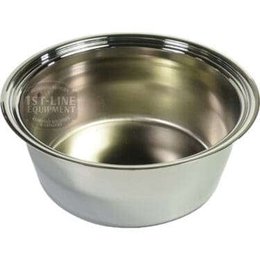 A shiny, stainless steel bowl with smooth sides and a slightly flared rim, its reflective interior resembling the Elektra 00656021 Chrome Drip Tray. The empty bowl gleams in the light. © 2025 1st-line.com