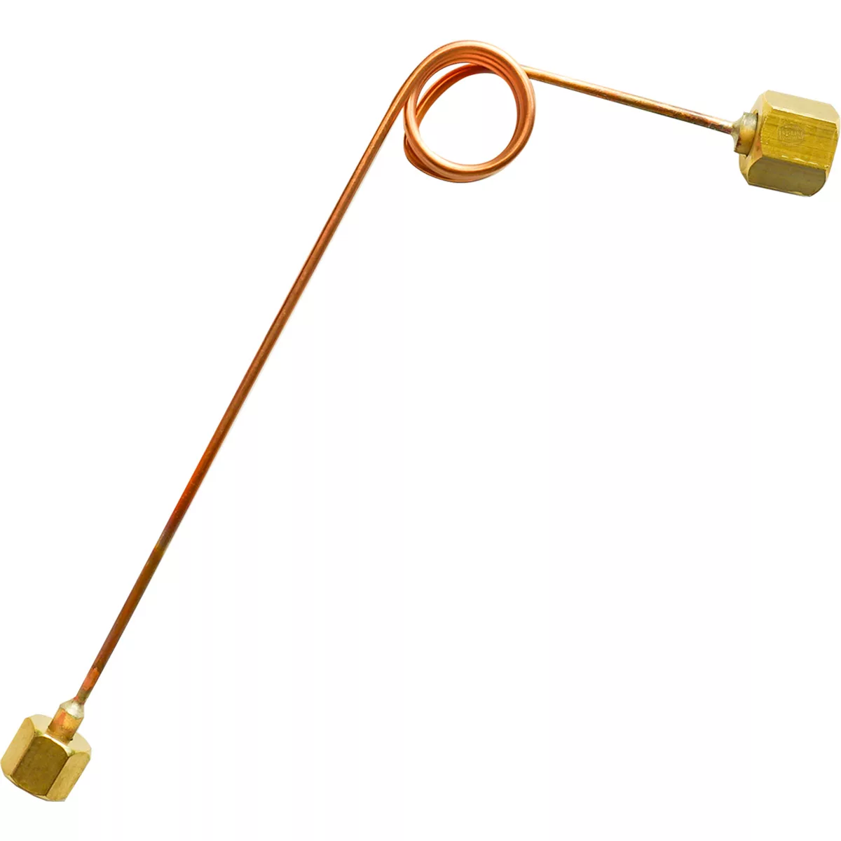 Bezzera 7400903 Pressure Gauge with a copper capillary tube, brass fittings on both ends, and a central coil loop, shown isolated on a white background. © 2025 1st-line.com