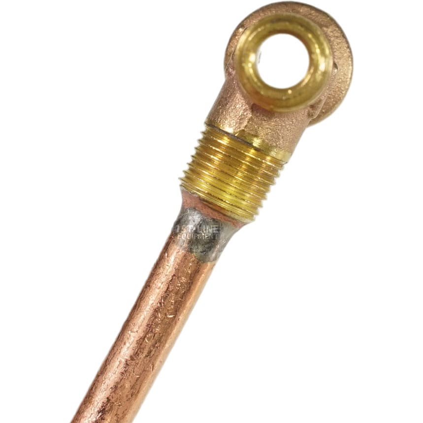 Close-up of a copper pipe with threaded brass fitting and circular eyelet, designed for plumbing or mechanical connections—compatible with the La Nuova Era NE050010+NE085002 Injector assembly. © 2025 1st-line.com