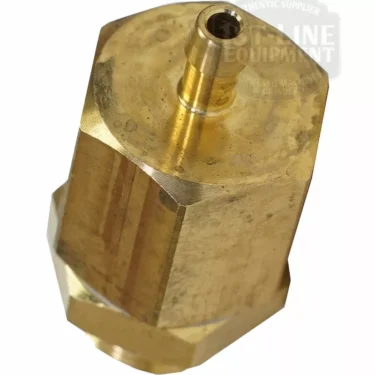 Close-up of a Rancilio 10060053 Bleeder Valve 3/8 brass hexagonal connector with a small central opening at the top, photographed on a white background. © 2025 1st-line.com