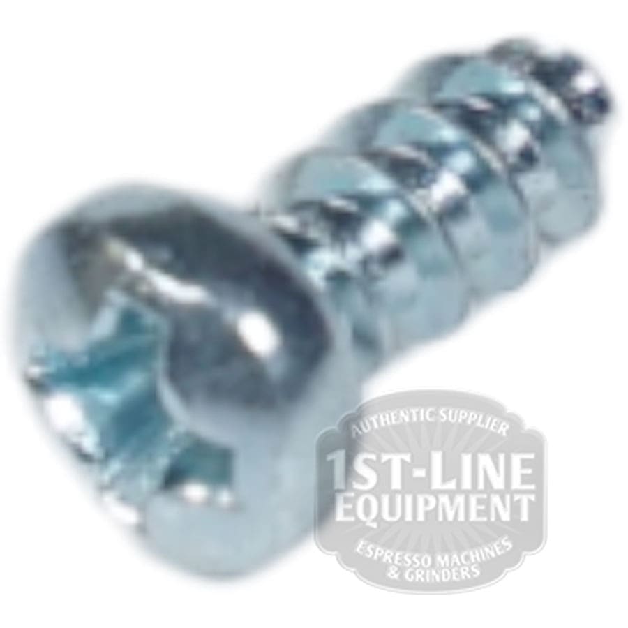 Close-up of a shiny Elektra 02573035 Screw 5X8 with a Phillips head on a white background, featuring a semi-transparent 1st-Line Equipment logo partially overlaid in the lower right corner. © 2025 1st-line.com