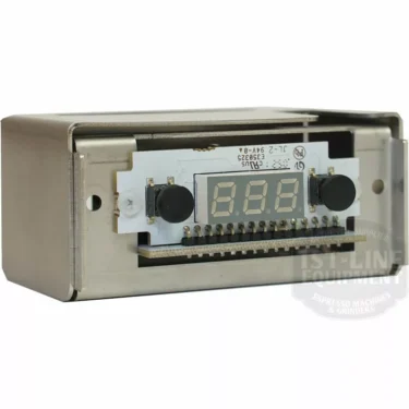 Close-up of the Bezzera 5968142 PID Display 110V, featuring a metal casing, three-digit LED screen, and visible circuit components. The digital timer is angled left and designed for use with 110V systems. © 2025 1st-line.com