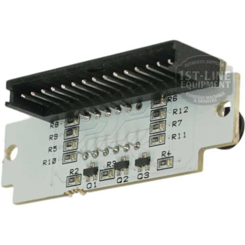 Close-up of the Bezzera 5968144 White PID Kit 110V circuit board, featuring a black connector and labeled resistors on a white base, with the faint 1st-Line Equipment logo—perfect for Bezzera 110V machines. © 2025 1st-line.com