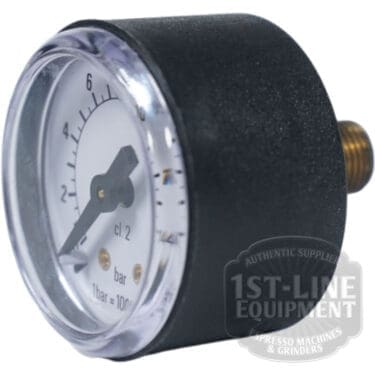 Close-up of the Elektra 03229035 Pump Pressure Gauge featuring a clear cover, black casing, brass connector, bar-marked dial with needle just below 1 bar, and the 1st-Line Equipment logo on the right. © 2025 1st-line.com