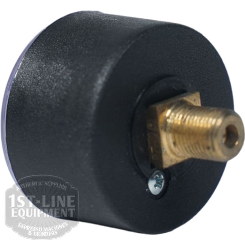 Close-up of the round, black Elektra 03229035 Pump Pressure Gauge featuring a brass threaded connector and visible screw. The 1st-Line Equipment logo appears in the lower left corner. © 2025 1st-line.com