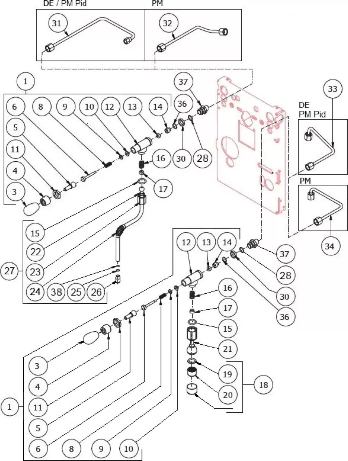 Diagram showing a labeled parts breakdown of a mechanical or plumbing assembly, with numbered components connected by lines, and three inset detail views for items 31, 33, and 34 in the corners. © 2025 1st-line.com