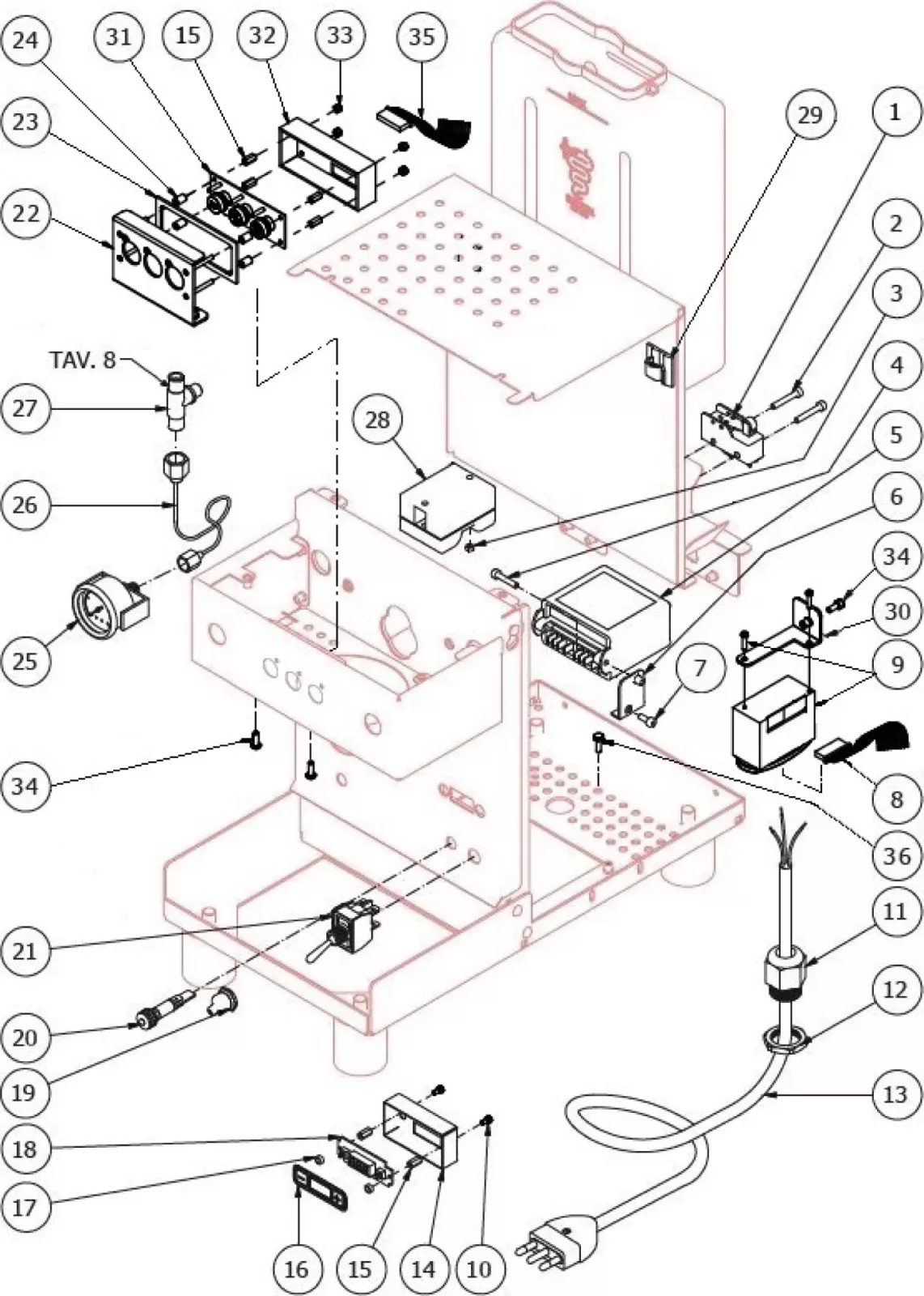 Exploded diagram of a coffee machine showing individual labeled components, including wiring, switches, a heating element, internal panels, screws, a power cord, and assembly instructions, with connecting lines indicating placement. © 2025 1st-line.com