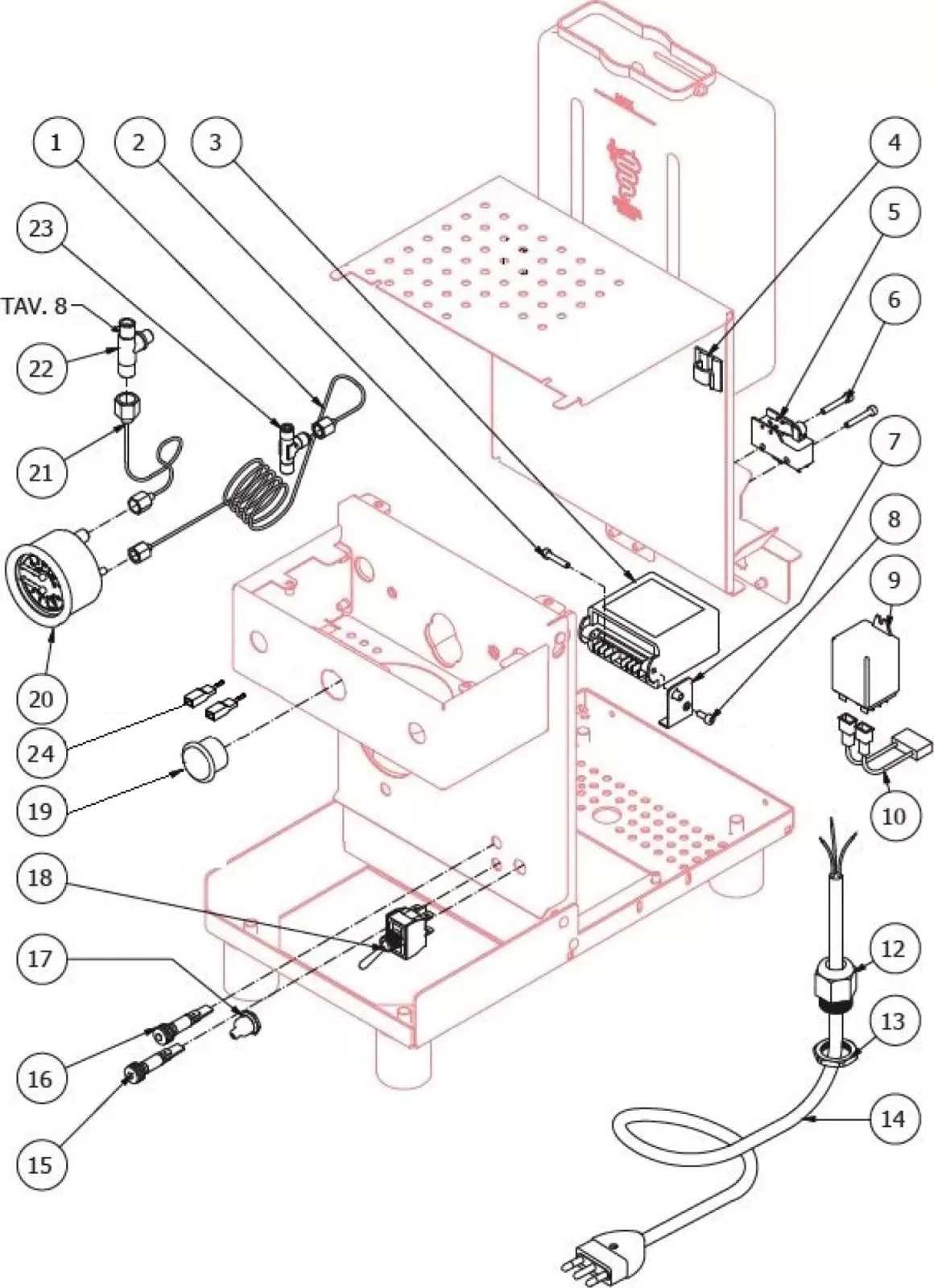 Exploded diagram of a coffee machine showing numbered parts, including the water tank, wires, power cord, heating element, switches, tubing, and screws, with components separated to illustrate assembly. © 2025 1st-line.com