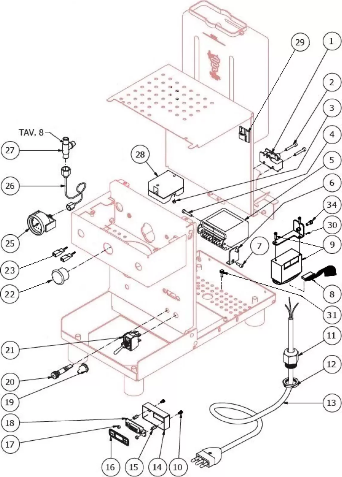 Exploded diagram of a coffee machine with numbered components, including a metal frame, power cord, switches, and various internal parts, all labeled with lines pointing to each part for assembly reference. © 2025 1st-line.com