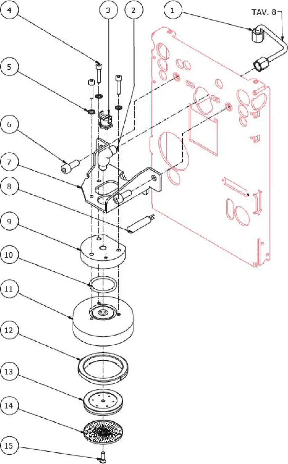Exploded technical diagram showing multiple numbered mechanical parts, including bolts, brackets, gears, and a main housing plate, all arranged in sequential order for assembly reference. © 2025 1st-line.com