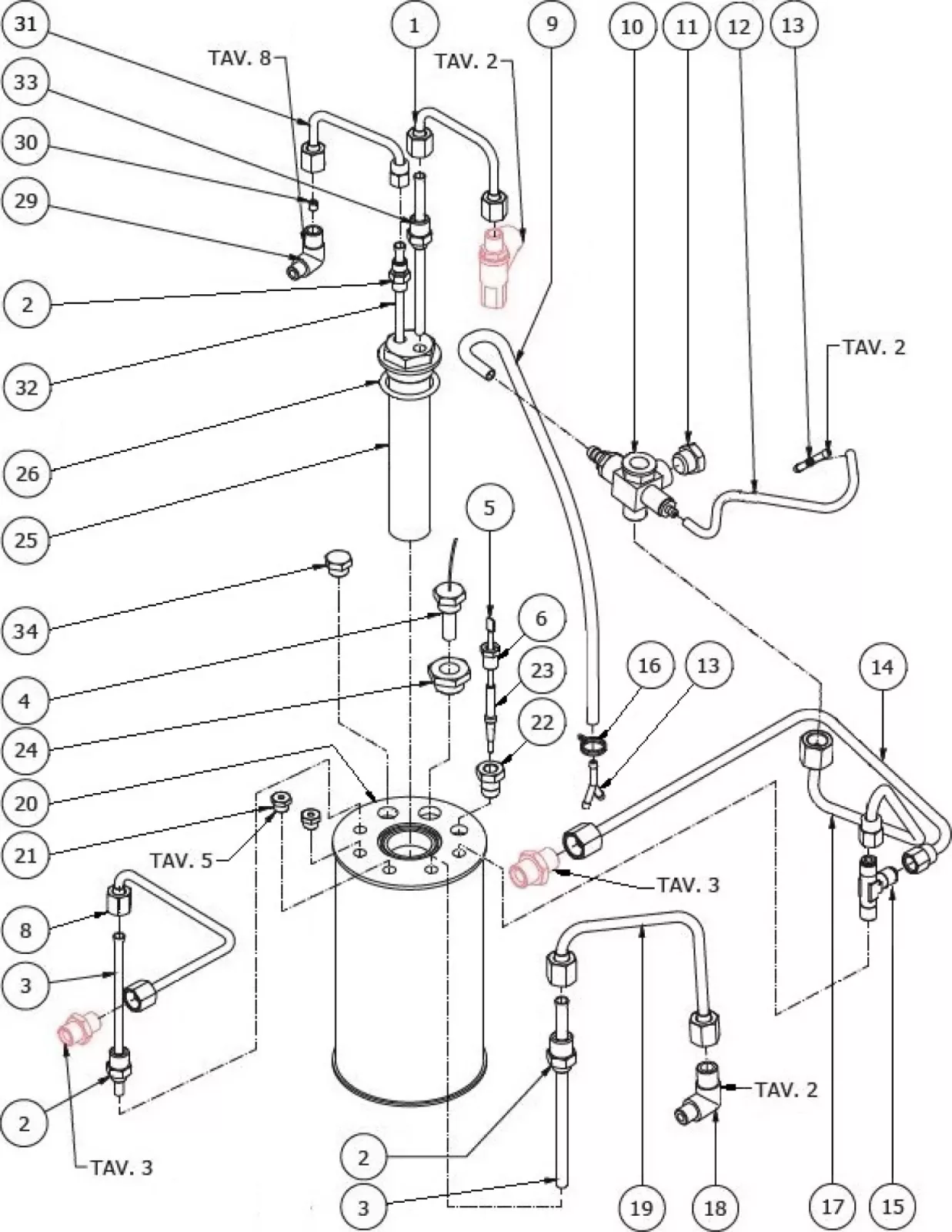 Line drawing diagram of a hydraulic or pneumatic system, showing labeled pipes, fittings, valves, a cylindrical tank, and connectors with numbered parts and connections for assembly reference. © 2025 1st-line.com