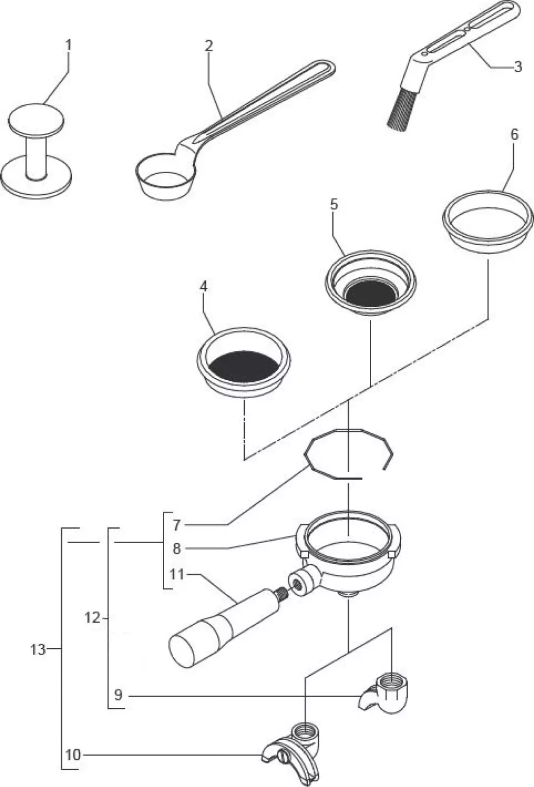 Line drawing showing labeled parts of an espresso machine portafilter assembly, including a tamper, scoop, brush, filter baskets, spring, handle, and spout, arranged in an exploded view. © 2025 1st-line.com