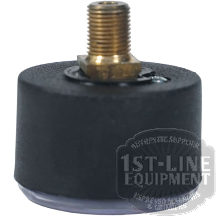 Side view of the Elektra 03229035 Pump Pressure Gauge, a black cylindrical gauge with brass insert, used as a replacement for espresso machines or grinders. The 1st-Line Equipment logo is partly visible in the lower right corner. © 2025 1st-line.com