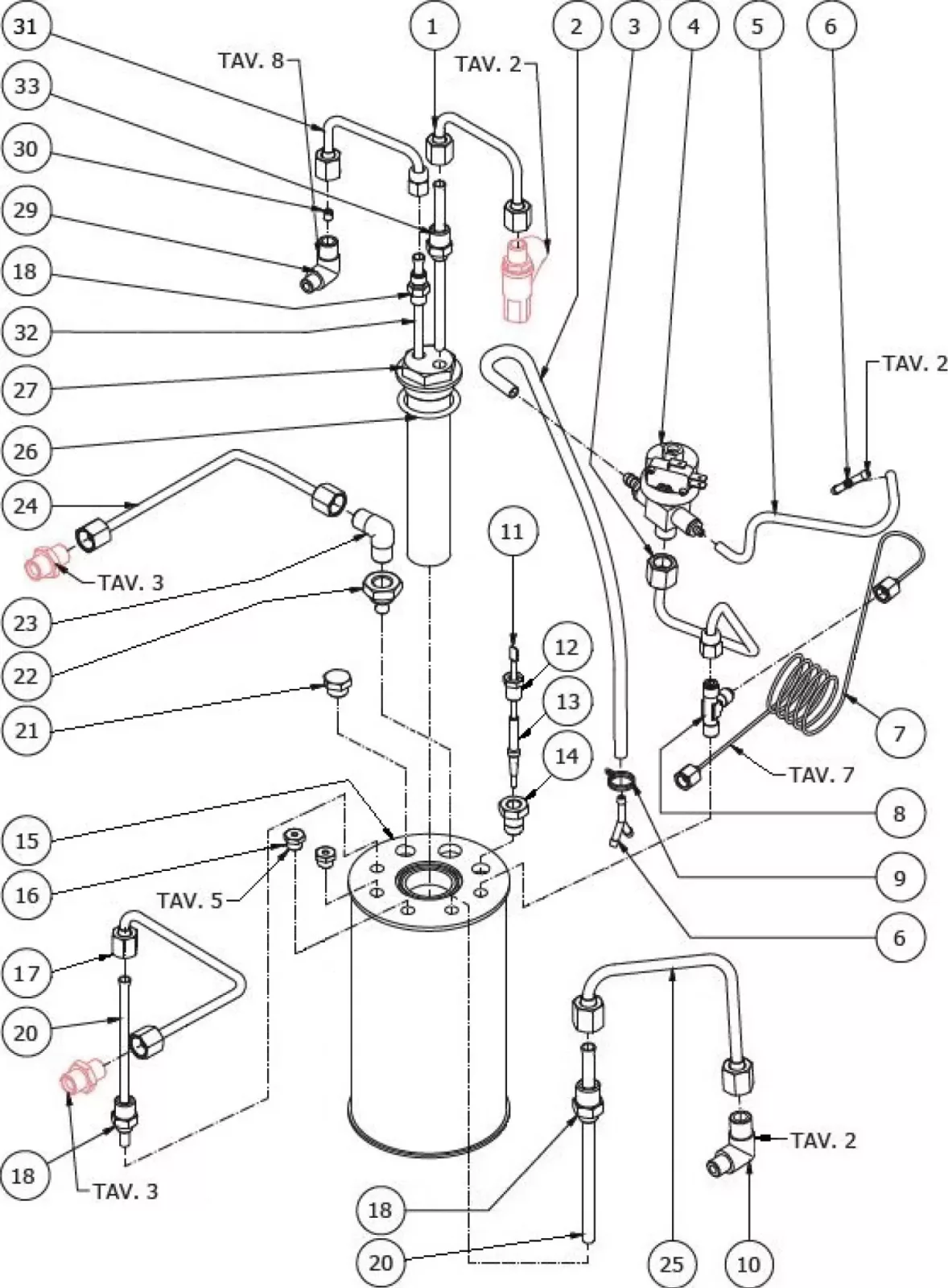 Technical diagram showing labeled components and connecting pipes of a mechanical or hydraulic system, with each part numbered and some marked with TAV. Cylindrical tanks, valves, and fittings are illustrated. © 2025 1st-line.com
