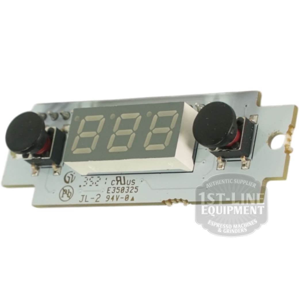The Bezzera 5968144 White PID Kit 110V features a compact circuit board with a central three-digit LED display and two black push buttons, marked with technical specs and certification logos—perfect for 110V Bezzera machines. © 2025 1st-line.com